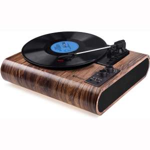 Record Player, VOKSUN Vintage Turntable 3Speed Bluetooth Vinyl Player LP Record Player with Built in Stereo Speaker, AM FM Function,and Aux in & RCA Output, Natural Wood