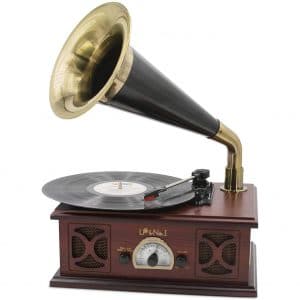 LP&NO.1 Vintage Record Player, Classic Turntable Support 7” 10” 12” Vinyl, All in One Gramophone with Premium Horn, Built-in Speakers and Bluetooth USB FM Radio(FM AM) (Red Wooden)