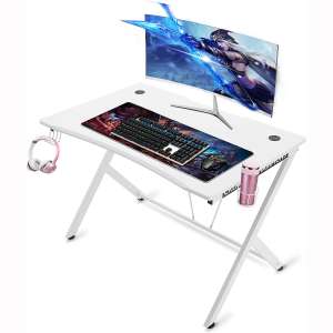 Mr IRONSTONE White Gaming Desk 45.3" Gaming Table Home Computer Desk with Cup Holder and Headphone Hook Gamer Workstation Game Table (45.3" Wx29 D)