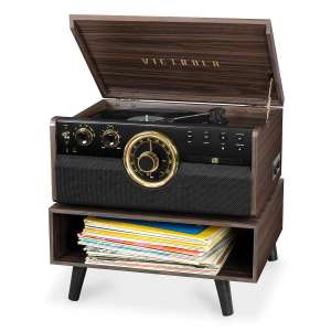 Victrola 6-in-1 Wood Bluetooth Mid Century Record Player with 3-Speed Turntable, CD, Cassette Player and Radio with Storage Stand