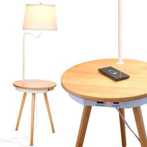 Brightech - Owen Side Table with Attached LED Lamp - Mid Century Modern End Table for Living Rooms – Nightstand with Wireless Charging Pad & USB Ports - Tripod Bedside Table - Natural Wood
