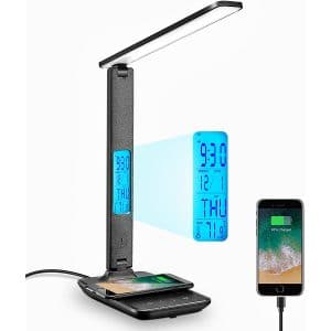 Desk Lamp, LED Desk Lamp with Wireless Charger, USB Charging Port, Adjustable, Foldable ​Table Lamp with Clock, Alarm, Date, Temperature, 5 Levels of Dimmable ​Lighting