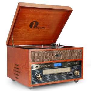 1byone Nostalgic Wooden Turntable Wireless Vinyl Record Player with AM, FM, CD, MP3 Recording to USB, AUX Input for Smartphone and Tablets, RCA Output