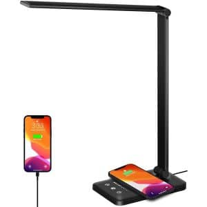 LED Desk Lamp with Wireless Charger, Dimmable Office Desk Light with USB Charging Port, 5 Lighting Modes with 10 Brightness Levels, Touch Control