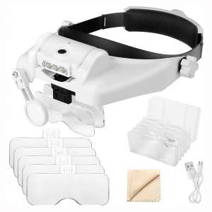 1X to 14X Headband Magnifier with LED Light, Handsfree Head Mount Magnifying Glass Visor Headset Loupe Tools