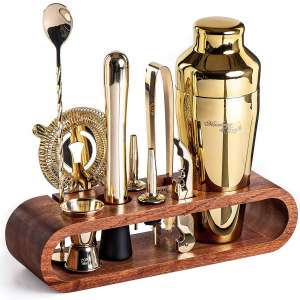 Mixology Bartender Kit- 10-Piece Gold Bar Set Cocktail Shaker Set with Stylish Mahogany Stand