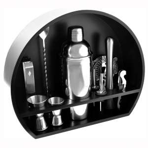 Cocktail Shaker Bar Set 11-Piece | Bartender Kit with 304 Stainless Steel Bar Tools and its Design Black Wooden Stand