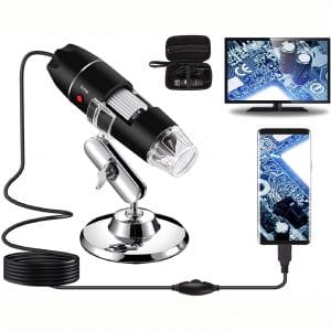 Bysameyee USB Digital Microscope 40X to 1000X, 8 LED Magnification Endoscope Camera with Carrying Case & Metal Stand, Compatible for Android Windows 7 8 10 Linux Mac