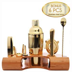 Omishome Premium Bartender Mixology Kit - Gold Finish Stainless Steel Cocktail Shaker Set with Bamboo Stand and 6 BONUS Steel Straws! Great as a Gift!