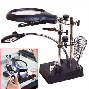 Buqikma 2.5X 7.5X 10X LED Light Helping Hands Magnifier Station,Desktop Magnifier with LED Light Magnifying Glass Stand with Clamp and Alligator Clips