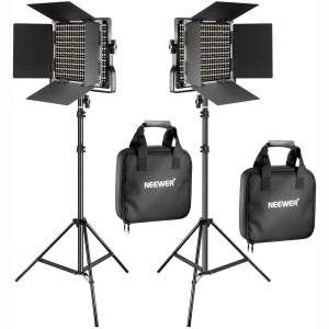 Neewer 2 Pieces Bi-color 660 LED Video Light and Stand Kit Includes-(2)3200-5600K CRI 96+ Dimmable Light with U Bracket and Barndoor and (2)75 inches Light Stand for Studio Photography