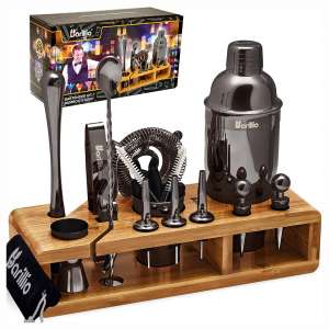 Black 23-Piece Bartender Kit Cocktail Shaker Set by BARILLIO- Stainless Steel Bar Tools With Sleek Bamboo Stand, Velvet Carry Bag & Recipes Booklet