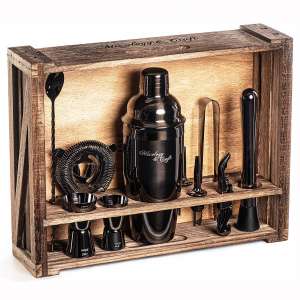 Mixology Bartender Kit- 11-Piece Black Bar Set Cocktail Shaker Set with Rustic Wood Stand | Perfect Home Bartending Kit with Gun Metal Bar Tools