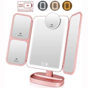 EASEHOLD Makeup Vanity Mirror Rechargeable with 3 Color 66 LEDs Lights Cosmetic Beauty Portable Trifold 2x:5x:10x magnifying Touch Screen 180° and 90° Rotation