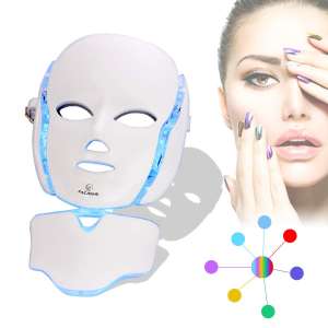 7 Color LED Mask, FAZJEUNE Facial Mask LED Light Therapy Skin Rejuvenation 7 Color PDT Photon Facial Skin Care Mask With Neck Care Portable SPA Face LED Mask, White