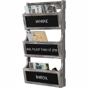 MyGift 3-Slot Torched Wood Wall Mounted Magazine Rack & Mail Sorter with Chalkboard Labels
