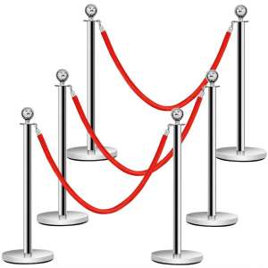 Goplus 6Pcs Stanchion Set, Round Top Polished Stainless Stanchions Posts Queue Pole with 5Ft Red Velvet Rope