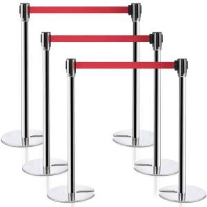 Goplus 6Pcs Stanchion Post Crowd Control Barrier Stainless Steel Stanchions with 3 Retractable Belt Posts Queue Pole, 37" Height