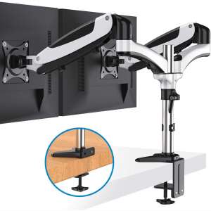 HUANUO Dual Arm Monitor Stand - Height Adjustable Gas Spring Desk VESA Mount for Two 15