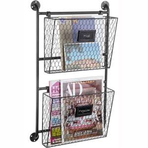 Hanging Wall File & Folder Organizer Rack with 2 Removable Metal Wire Magazine Storage Baskets