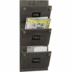 MyGift Vintage Gray Wood Wall-Mounted 3-Slot Mail Holder:Magazine Rack with Chalkboard Label