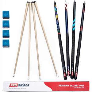 ProSniper Pool Cues | Set of 4 Pool Cue Sticks Made of Canadian Maple Wood | Extra 4 Pool Chalk Included