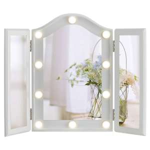 LUXFURNI Hollywood Lighted Vanity Tri-fold Makeup Mirror with 10 Dimmable LED Blubs, Touch Control Lights Tabletop Makeup Mirror