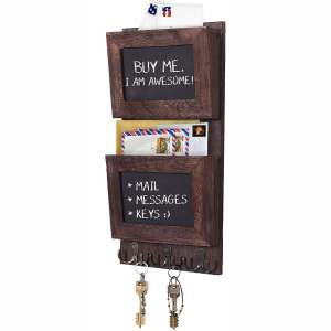 Rustic 2-Slot Mail Sorter Organizer for Wall with Chalkboard Surface & 3 Double Key Hooks - Wooden Wall Mount Mail Holder Organizer
