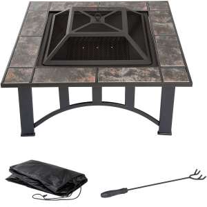 Fire Pit Set, Wood Burning Pit - Includes Screen, Cover and Log Poker - Great for Outdoor and Patio, 33 inch Square Marble Tile Firepit