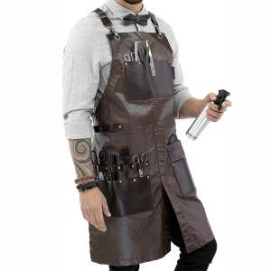 Under NY Sky Barber Brown Apron - Leather Straps, Pockets, Reinforcements - Crossback - Coated Brown Twill, Tool Pockets
