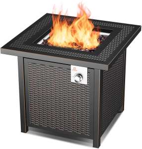 OT QOMOTOP 28'' Propane Fire Pit Table with 50,000 BTU, Rattan-Look Square Fire Table with Lid, CSA Safety Certification