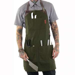 Under NY Sky Knife-Roll Forest Green Apron – Heavy-Duty Canvas, Leather Reinforcement – Adjustable for Men and Women
