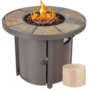 Giantex 32" Round Propane Gas Fire Pit Table 30,000 BTUs Heater Outdoor Table w:Lava Rock & Protective Cover