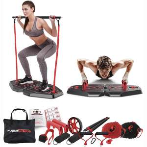 Fusion Motion Portable Gym with 8 Accessories Including Heavy Resistance Bands, Tricep Bar, Ab Roller Wheel, Pulleys and More