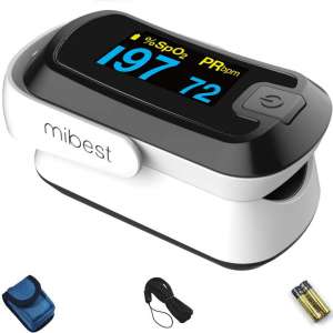 MIBEST Black Dual Color OLED Finger Pulse Oximeter - Blood Oxygen Saturation Monitor with Color OLED Screen Display and Included Batteries - O2 Saturation Monitor