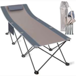 Koozam Outdoor Folding Camp Cots for Adults with Elevated Headrest, Pillow and Side Storage Organizer