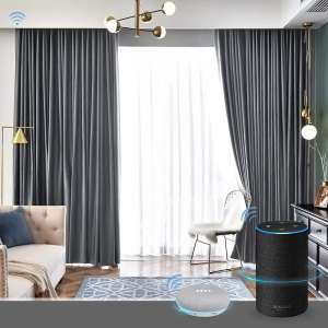 Graywind Motorized Blackout Curtain Set Smart Rod Remote Control Drapes Work with Alexa Google Home for Bedroom Office Living Room Ice Grey