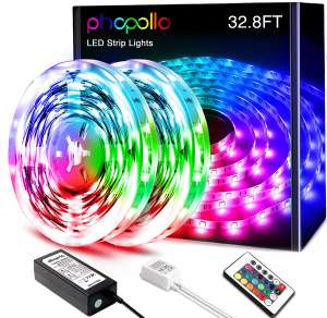 PHOPOLLO LED Strip Lights, 32.8ft RGB Color Changing 3528 600LEDs Non-Waterproof Flexible LED Tape Light Kit with 24 Key IR Remote Controller and 12V Power Supply