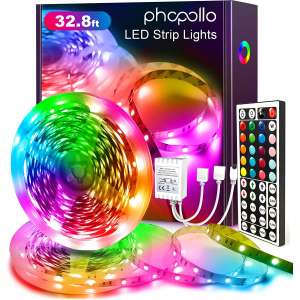 Phopollo Led Strip Lights Color Changing 32.8ft Flexible 5050 RGB Led Lights Kit with 12v Power Supply and 44 Key Ir Remote Controller