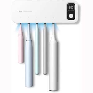 StarWin Toothbrush Sanitizer and Holder,5 Slots Sterilizing and Fan Drying Function Toothbrush Holder Wall Mounted, Drill-Free UV Toothbrush Sterilizer Bathroom Toothbrush Holder for Family