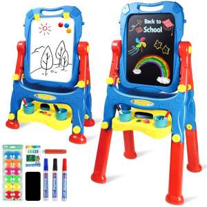 AMOSTING Drawing Board Toys for Boys & Girls Kids Art Easel for Toddlers with Magnetic Whiteboard & Chalkboard, Blue
