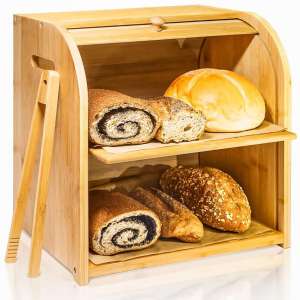 Bamboo Bread Box, Finew 2 Layer Rolltop Bread Bin for Kitchen, Large Capacity Wooden Bread Storage Holder