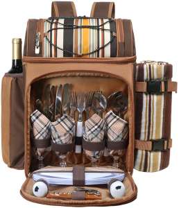 Hap Tim Travel Backpack Cooler for 4 Person with Insulated Leakproof Cooler Bag, Wine Holder, Fleece Blanket, Cutlery Set,Perfect