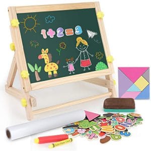 BeebeeRun Kids Tabletop Easel with Paper Roll,Double-Sided Whiteboard & Chalkboard Tabletop Easel with Magnetic Letters & Numbers and Other Magnetic Puzzle Accessories for Kids and Toddlers
