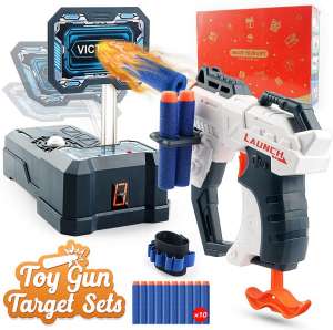 HOPOCO Toy Foam Blasters Gun and Digital Targeting for Nerf, Auto Reset Electronic Scoring Toys Sets with 10 Pcs Refill Darts & 1 Hand Wrist Band