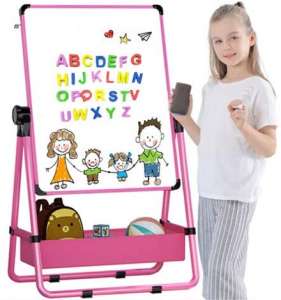 Kids Art Easel U-Stand Whiteboard&Chalkboard Double Sided Stand, 29.5inch-44inch Height Adjustable & 360°Rotating with Bonus Magnetic Letters and Numbers (Pink)