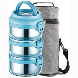 Lille Home 75OZ Stainless Steel Stackable Compartment Lunch Snack Box, 3-Tier Bento Food Container with Lunch Bag, Leakproof, Smart Diet, Weight Control (Blue)