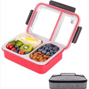 Bento Lunch Box with 2 Compartments, Leakproof Lunch Containers with Removable Stainless-Steel Tray for Kids and Adults, On-the-Go Meal and Snack Packing, Lunch Bag Included (Red)