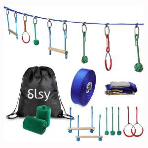 Slsy Ninjaline Monkey Bar Kit 40 Foot, Kids Slack line Hanging Obstacle Course Set Warrior Training Equipment