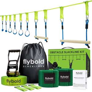 flybold Ninja Obstacle Course Line Kit 40’ Slackline 8 Hanging Obstacles with Adjustable Buckles Tree Protectors Carry Bag Capacity 300lbs